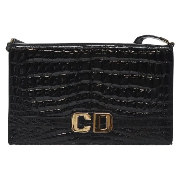 Christian Dior Shoulder Bag Enamel Black Gold Auth - Picture 1 of 16